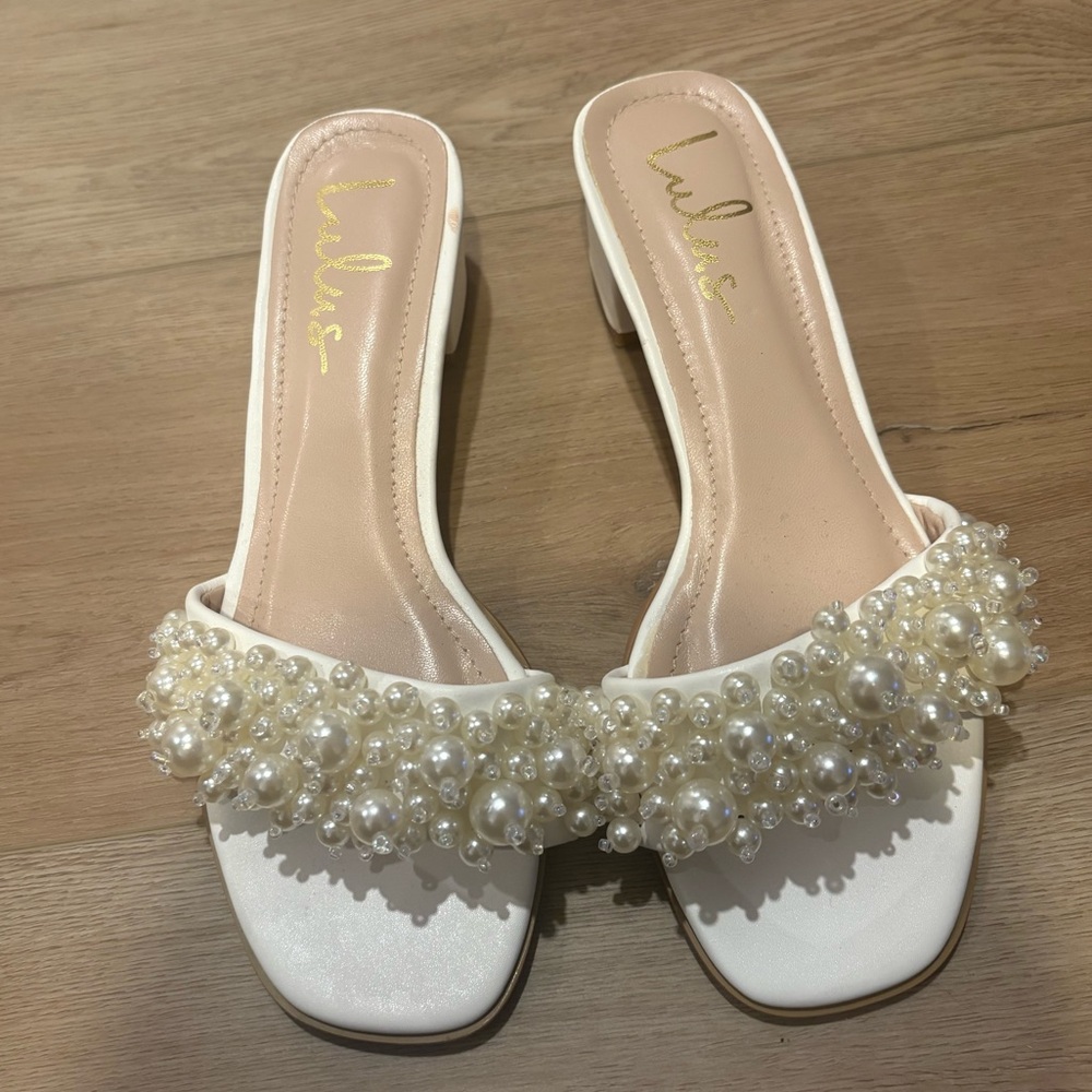 Lulu's Ivory Pearl-Embellished Slide Mules
